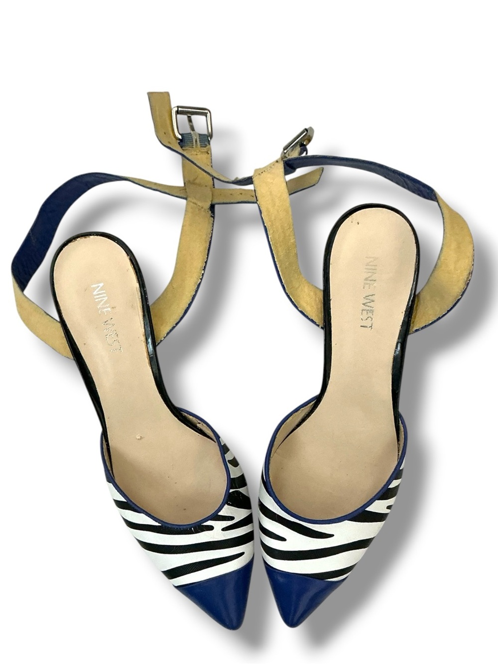 Nine West Zebra Print Pointed Toe Ankle Strap Pump 2” Kitten Heel Blue Black 6 - Picture 12 of 16